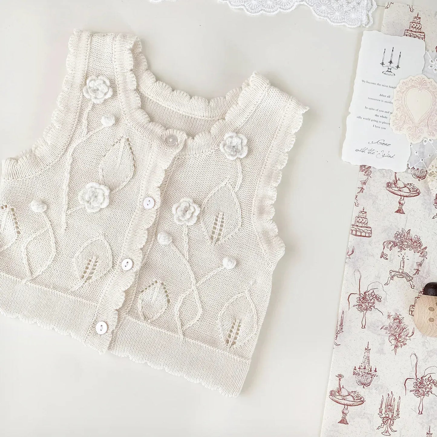 ベスト ベビーキッズベスト フラワー刺繍ニット前あきベスト【mh-0008924】