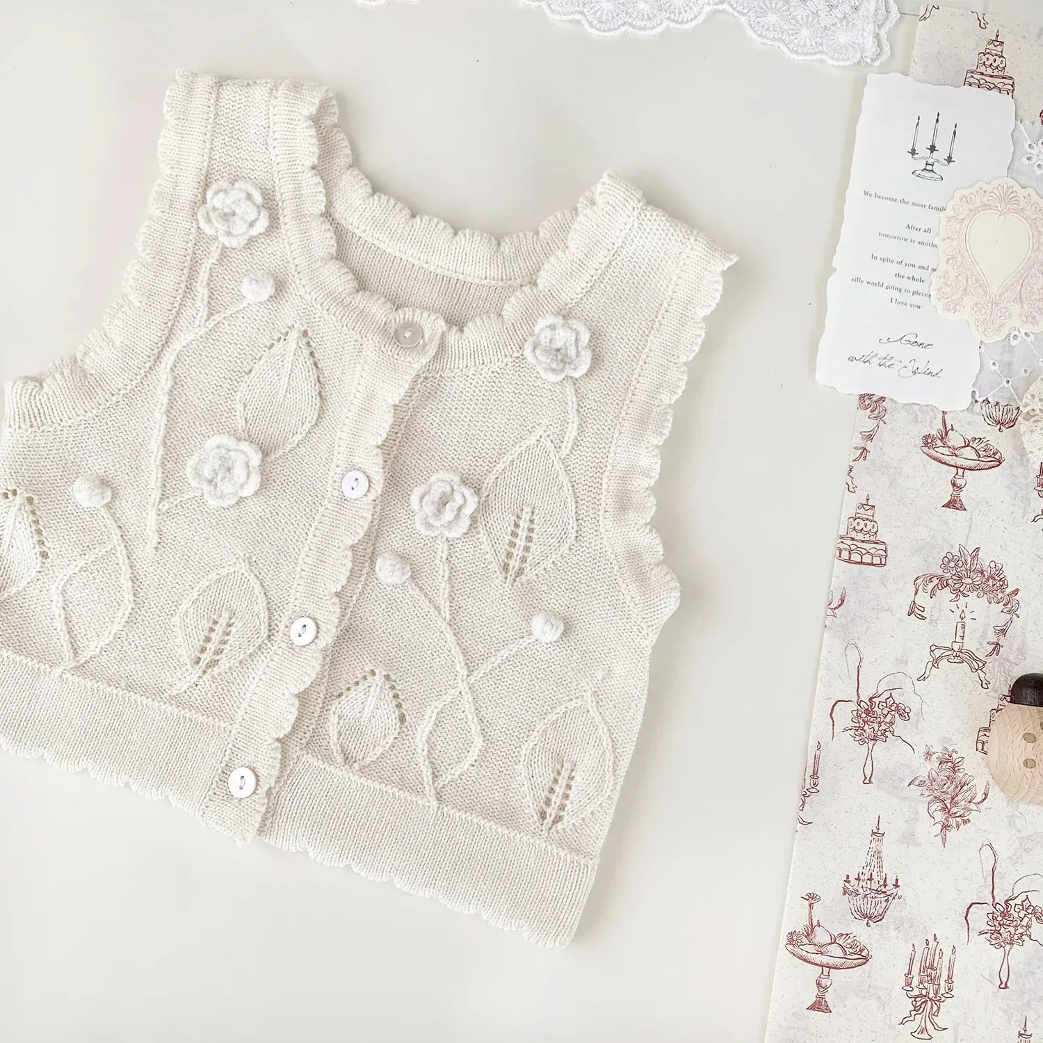 ベスト ベビーキッズベスト フラワー刺繍ニット前あきベスト【mh-0008924】