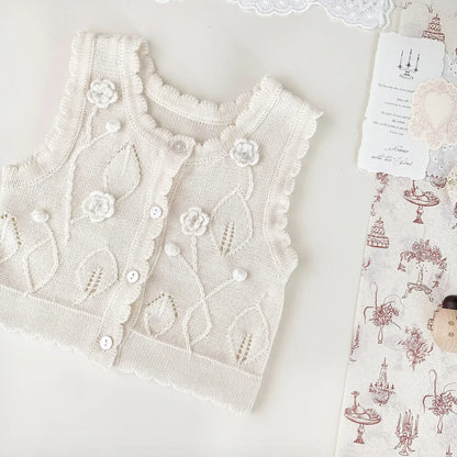 ベスト ベビーキッズベスト フラワー刺繍ニット前あきベスト【mh-0008924】