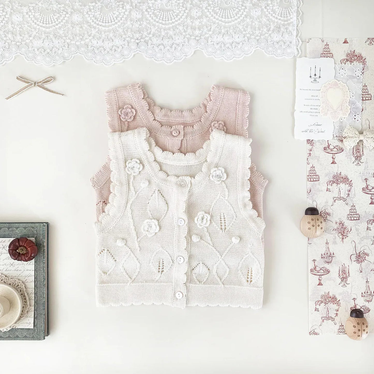 ベスト ベビーキッズベスト フラワー刺繍ニット前あきベスト【mh-0008924】