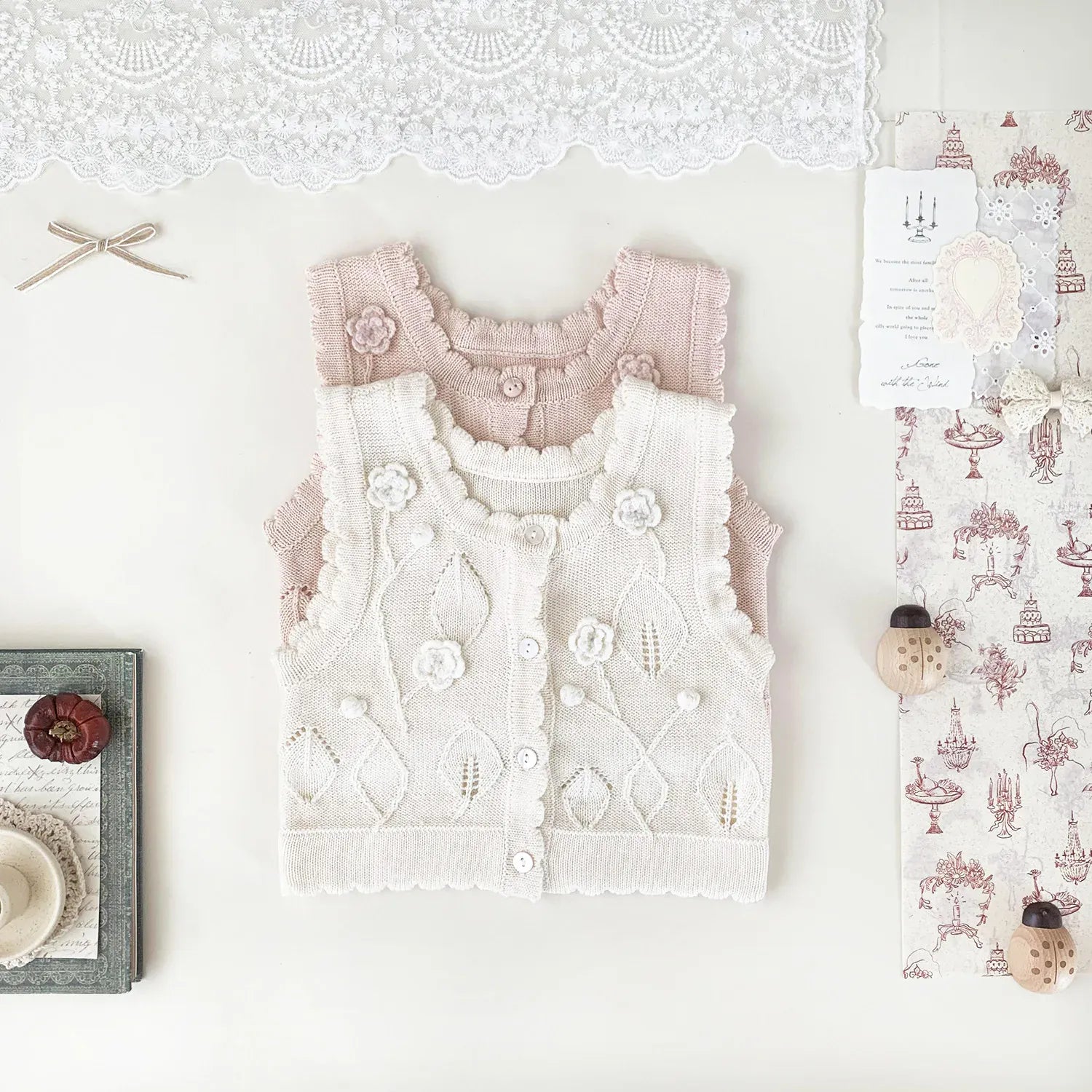 ベスト ベビーキッズベスト フラワー刺繍ニット前あきベスト【mh-0008924】