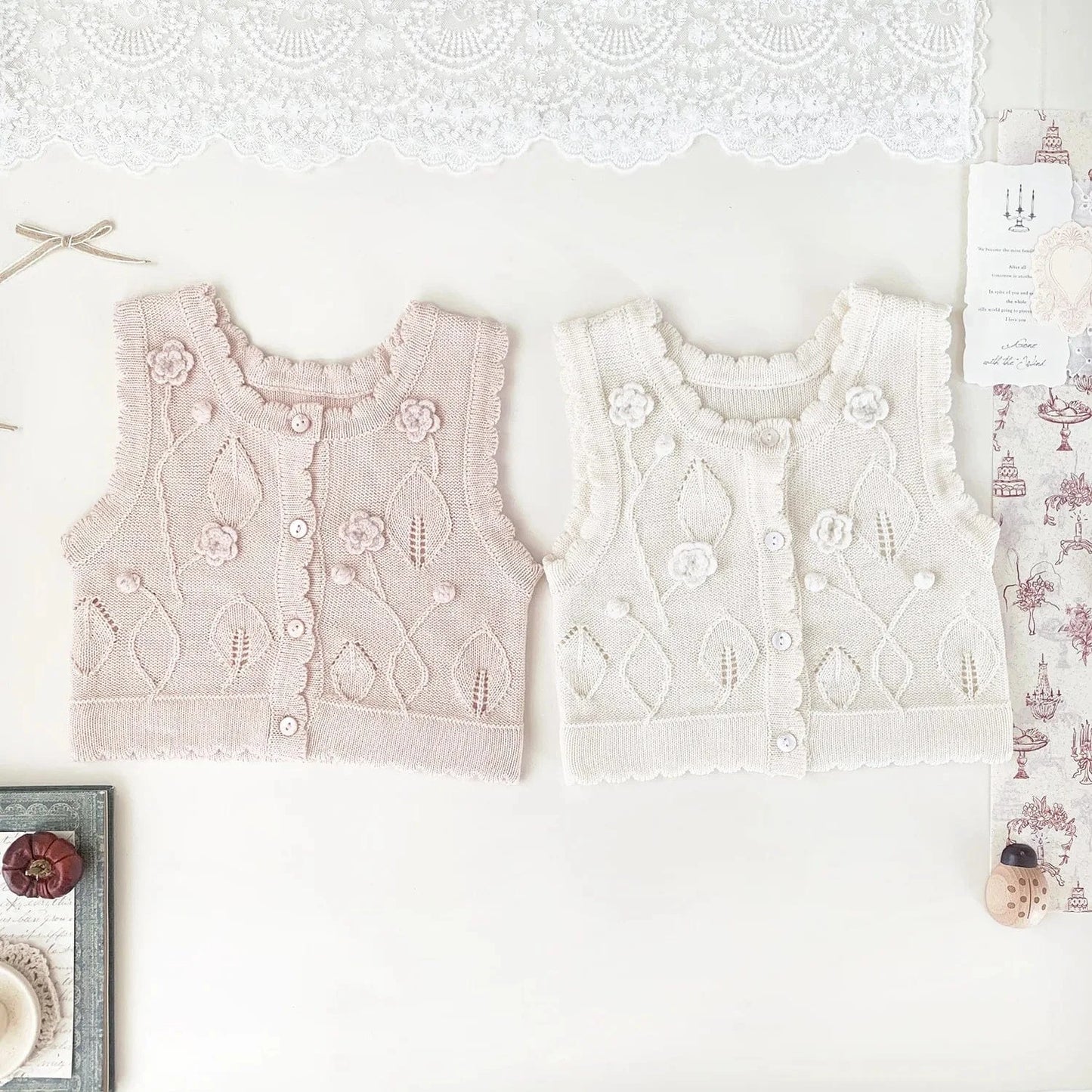ベスト ベビーキッズベスト フラワー刺繍ニット前あきベスト【mh-0008924】