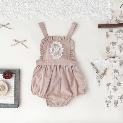ノースリーブロンパース ベビーロンパース フラワープリント刺繍サスペンダーロンパース【mh-0008926】