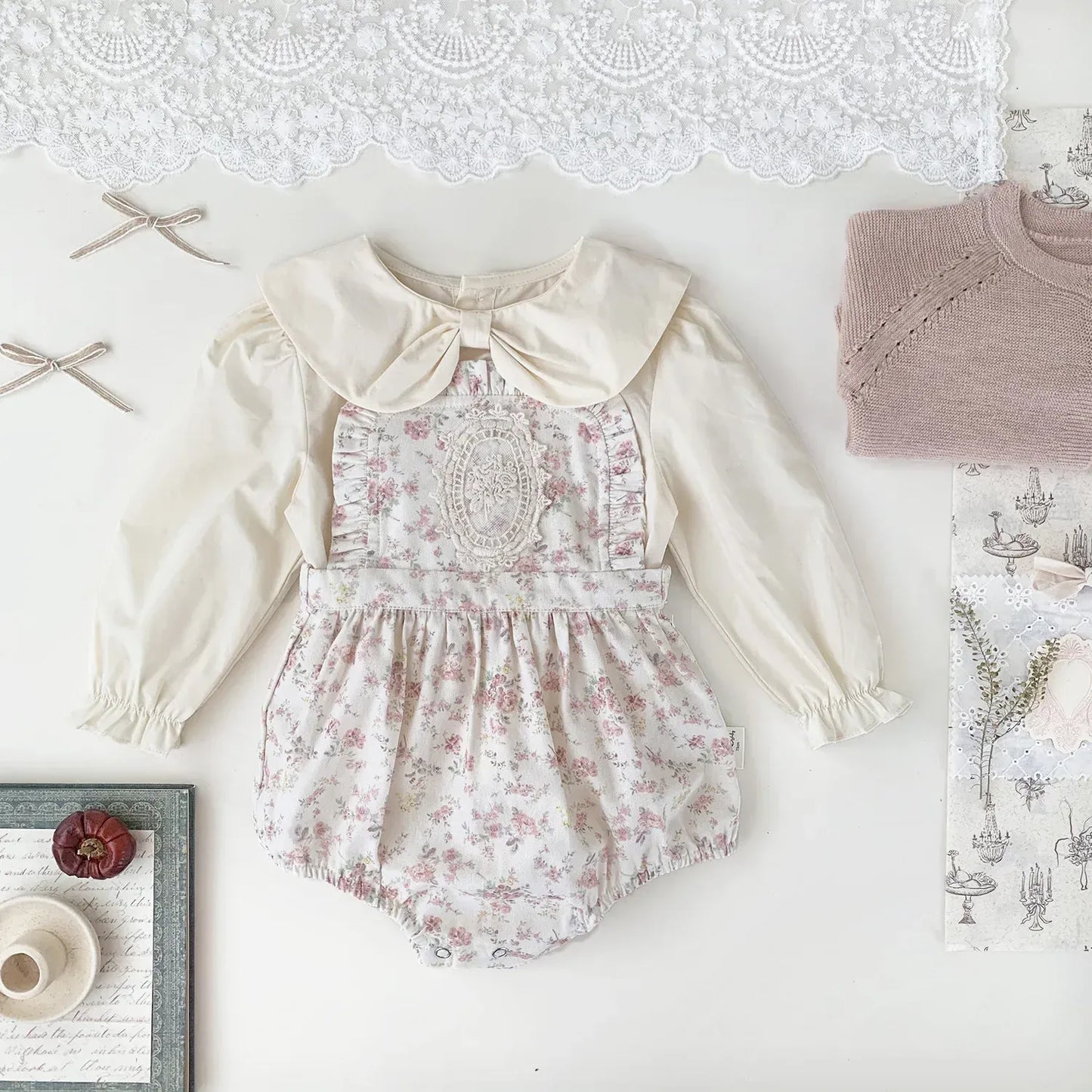 ノースリーブロンパース ベビーロンパース フラワープリント刺繍サスペンダーロンパース【mh-0008926】