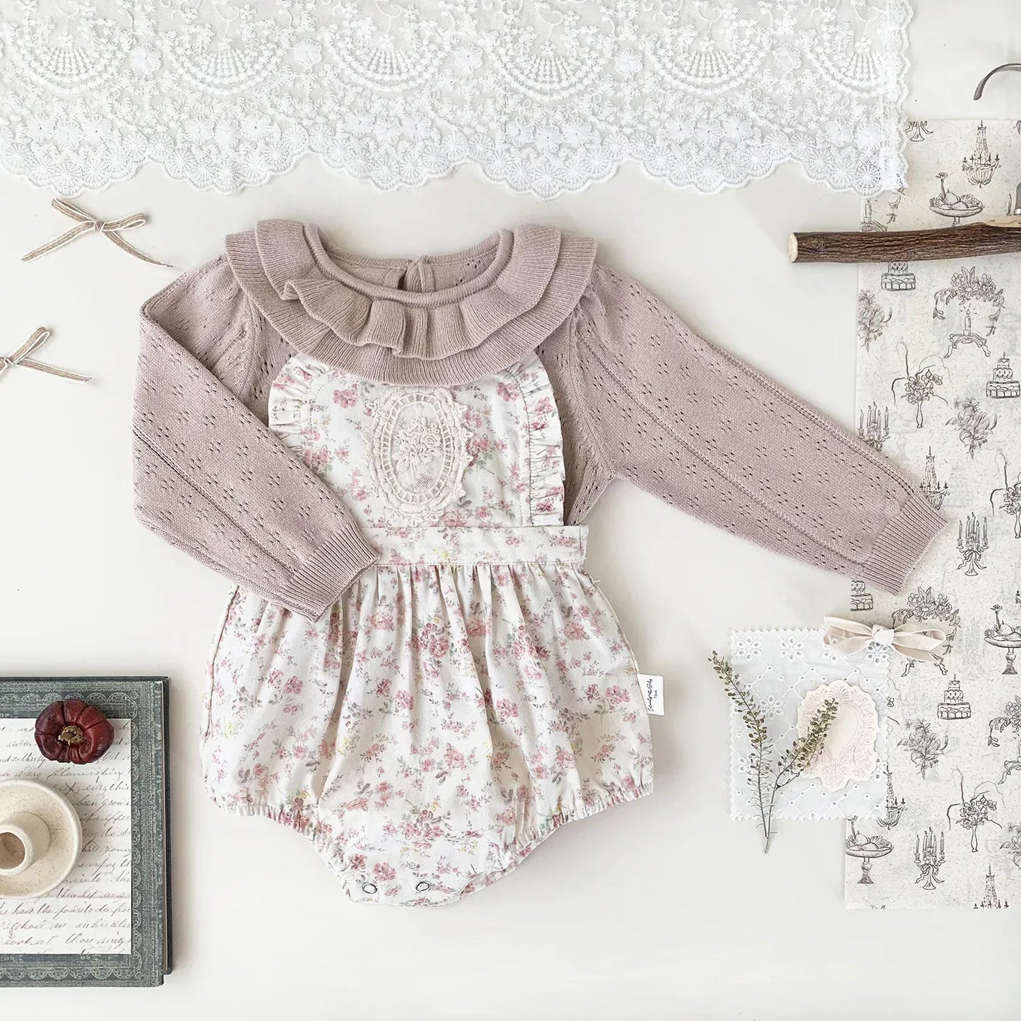 ノースリーブロンパース ベビーロンパース フラワープリント刺繍サスペンダーロンパース【mh-0008926】