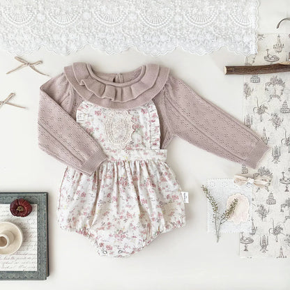 ノースリーブロンパース ベビーロンパース フラワープリント刺繍サスペンダーロンパース【mh-0008926】