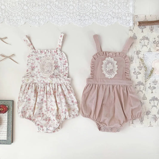 ノースリーブロンパース ベビーロンパース フラワープリント刺繍サスペンダーロンパース【mh-0008926】