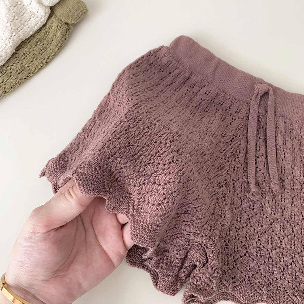 ハーフパンツ・ショートパンツ ベビー キッズ レースニット 透け感 ショートパンツ アイボリーホワイト カーキグリーン パープル ガールズ【mh0002016】