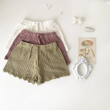 ハーフパンツ・ショートパンツ ベビー キッズ レースニット 透け感 ショートパンツ アイボリーホワイト カーキグリーン パープル ガールズ【mh0002016】