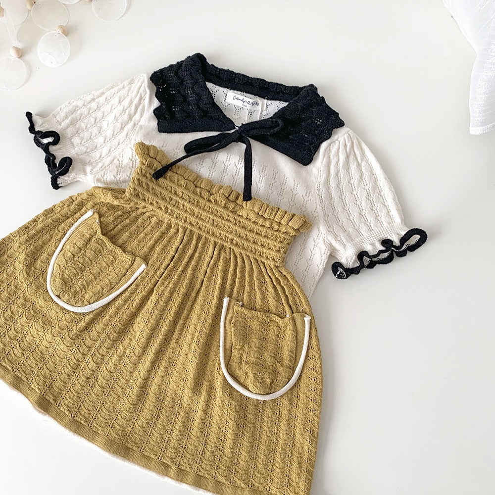 スカート キッズ サマー レースニット ポケット スカート ピンク マスタードイエロー ガールズ【mh0002017】