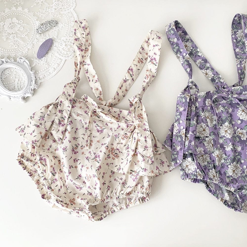 ブルマパンツ ベビー フラワー 花柄 ラッフル フリル サスペンダー ブルマ パンツ アプリコットベージュ パープル ガールズ【mh0002075】