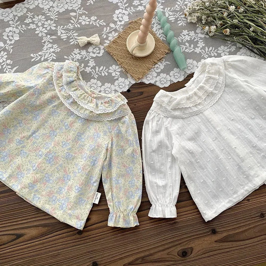 長袖シャツ・ブラウス ベビーキッズトップス 長袖チュニックブラウス フリル襟 フラワープリント 無地【mh0004450】