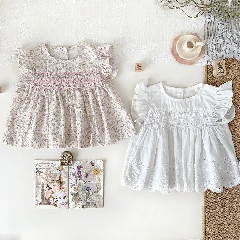 半袖シャツ・ブラウス ベビーキッズトップス フリルスリーブチュニックブラウス 無地/フラワー花柄プリント【mh0006015】