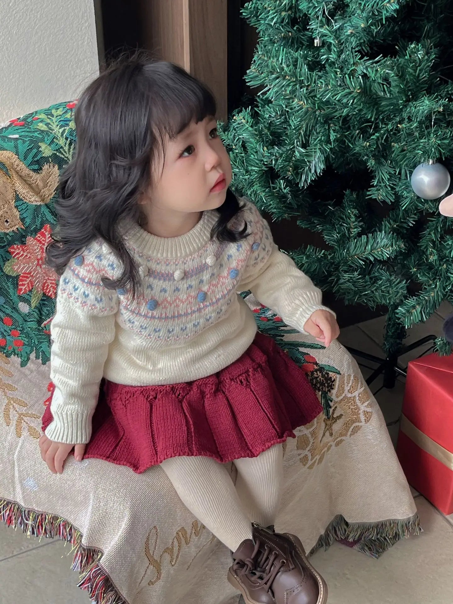 長袖セットアップ ベビーキッズトップス/ブルマ ニット刺繍セーター/カーディガン/スカートブルマパンツ【mh0007911】