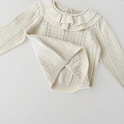 ニット・セーター ベビーキッズトップス ダブルラッフル襟レースニット長袖セーターブラウス【mh0008919】