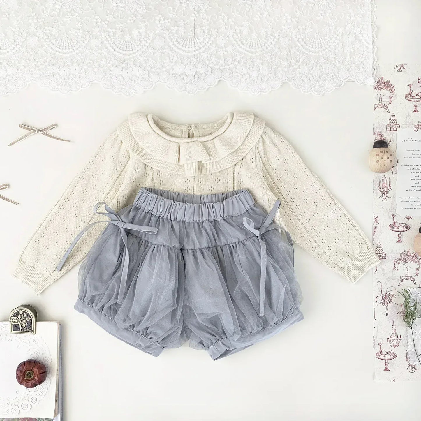 ニット・セーター ベビーキッズトップス ダブルラッフル襟レースニット長袖セーターブラウス【mh0008919】