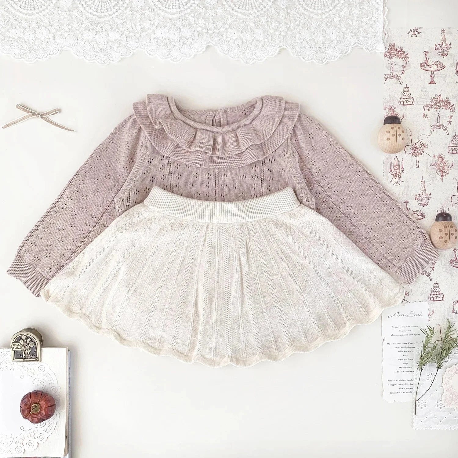 ニット・セーター ベビーキッズトップス ダブルラッフル襟レースニット長袖セーターブラウス【mh0008919】