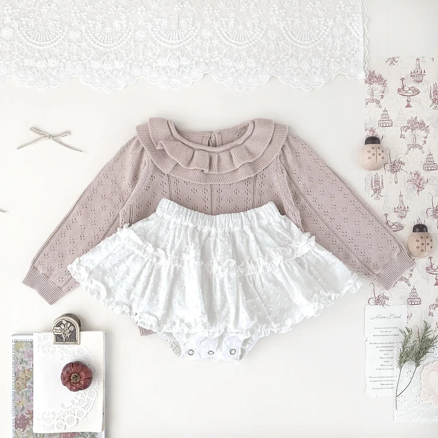 ニット・セーター ベビーキッズトップス ダブルラッフル襟レースニット長袖セーターブラウス【mh0008919】