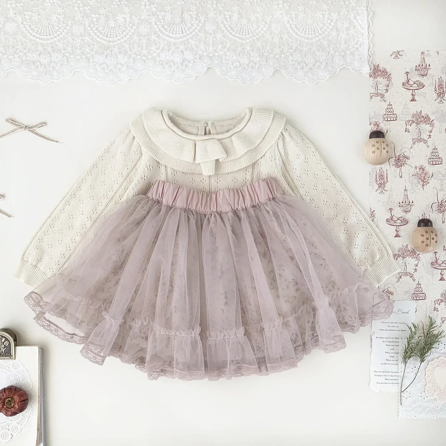 ニット・セーター ベビーキッズトップス ダブルラッフル襟レースニット長袖セーターブラウス【mh0008919】