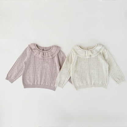 ニット・セーター ベビーキッズトップス ダブルラッフル襟レースニット長袖セーターブラウス【mh0008919】