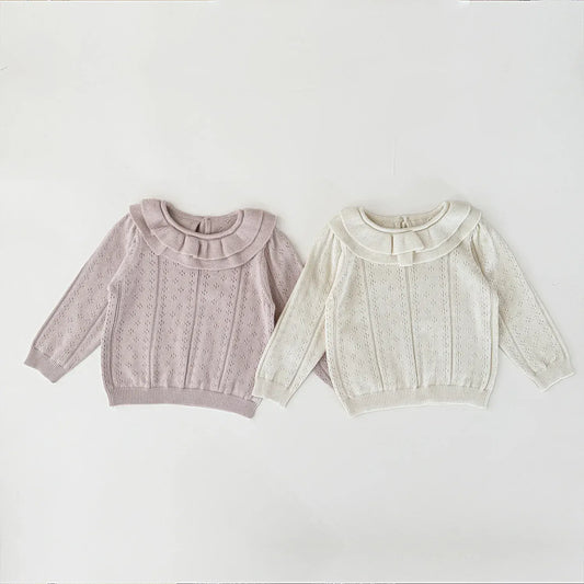 ニット・セーター ベビーキッズトップス ダブルラッフル襟レースニット長袖セーターブラウス【mh0008919】