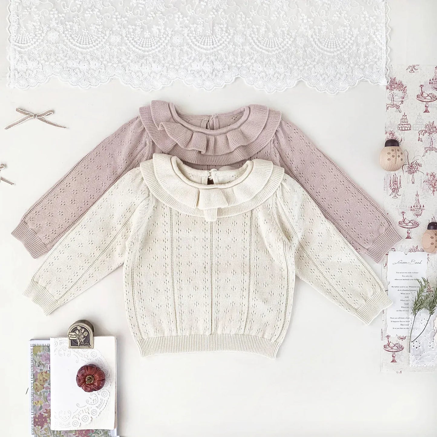 ニット・セーター ベビーキッズトップス ダブルラッフル襟レースニット長袖セーターブラウス【mh0008919】