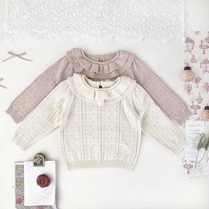 ニット・セーター ベビーキッズトップス ダブルラッフル襟レースニット長袖セーターブラウス【mh0008919】