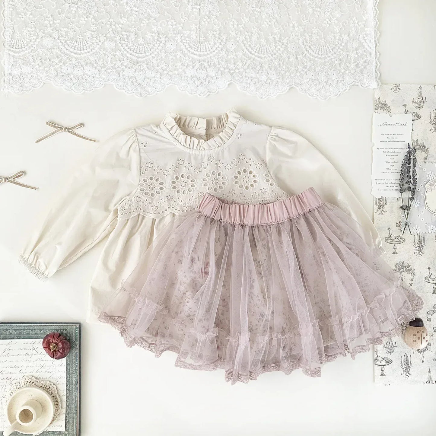 長袖シャツ・ブラウス ベビーキッズトップス スカラップレース刺繍スタンドフリルカラー長袖チュニックブラウス【mh0008922】