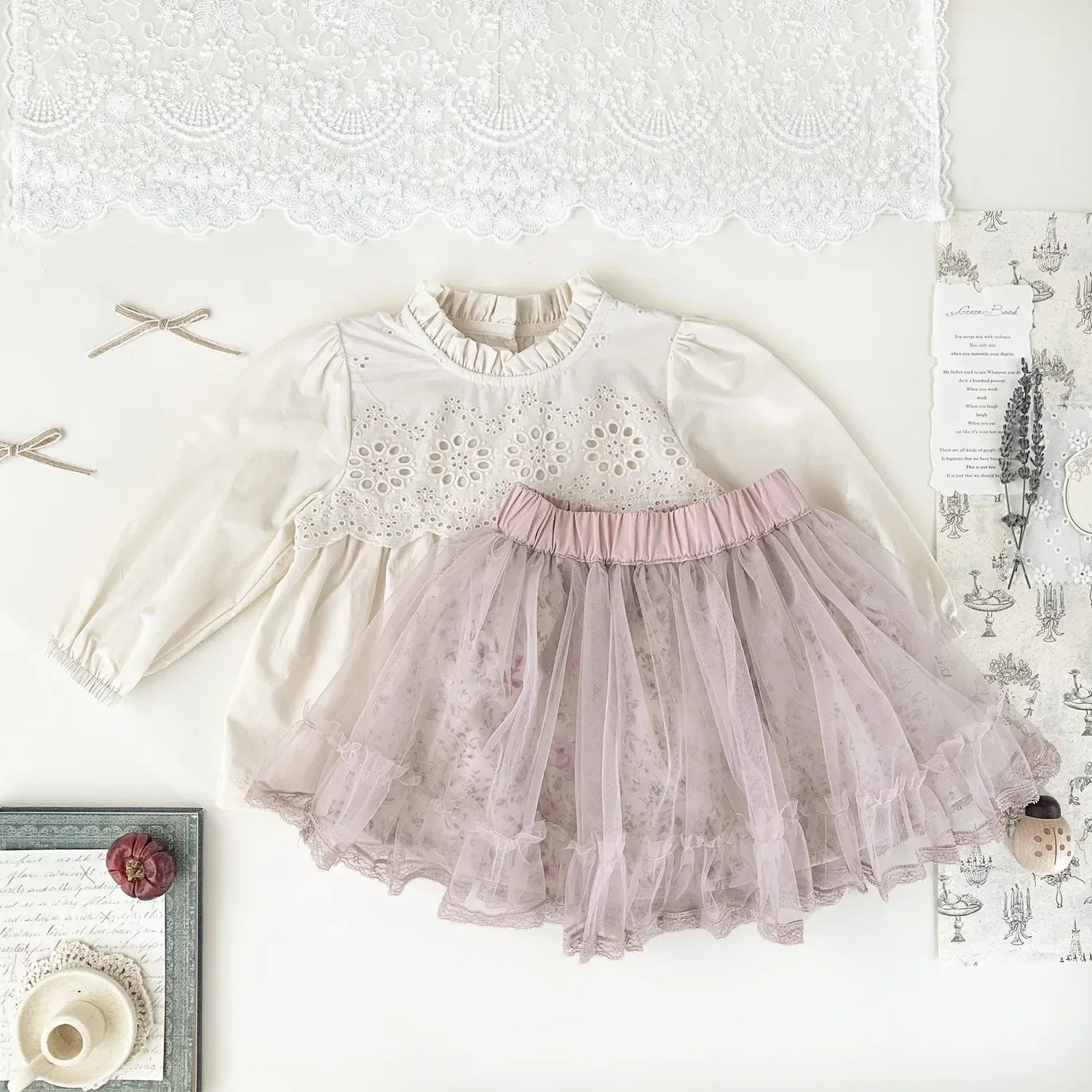 長袖シャツ・ブラウス ベビーキッズトップス スカラップレース刺繍スタンドフリルカラー長袖チュニックブラウス【mh0008922】