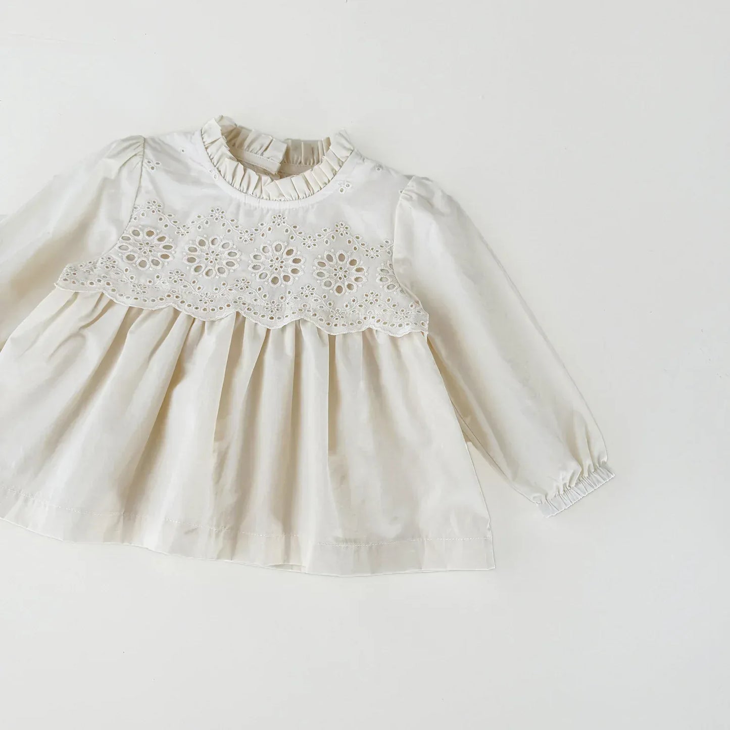 長袖シャツ・ブラウス ベビーキッズトップス スカラップレース刺繍スタンドフリルカラー長袖チュニックブラウス【mh0008922】