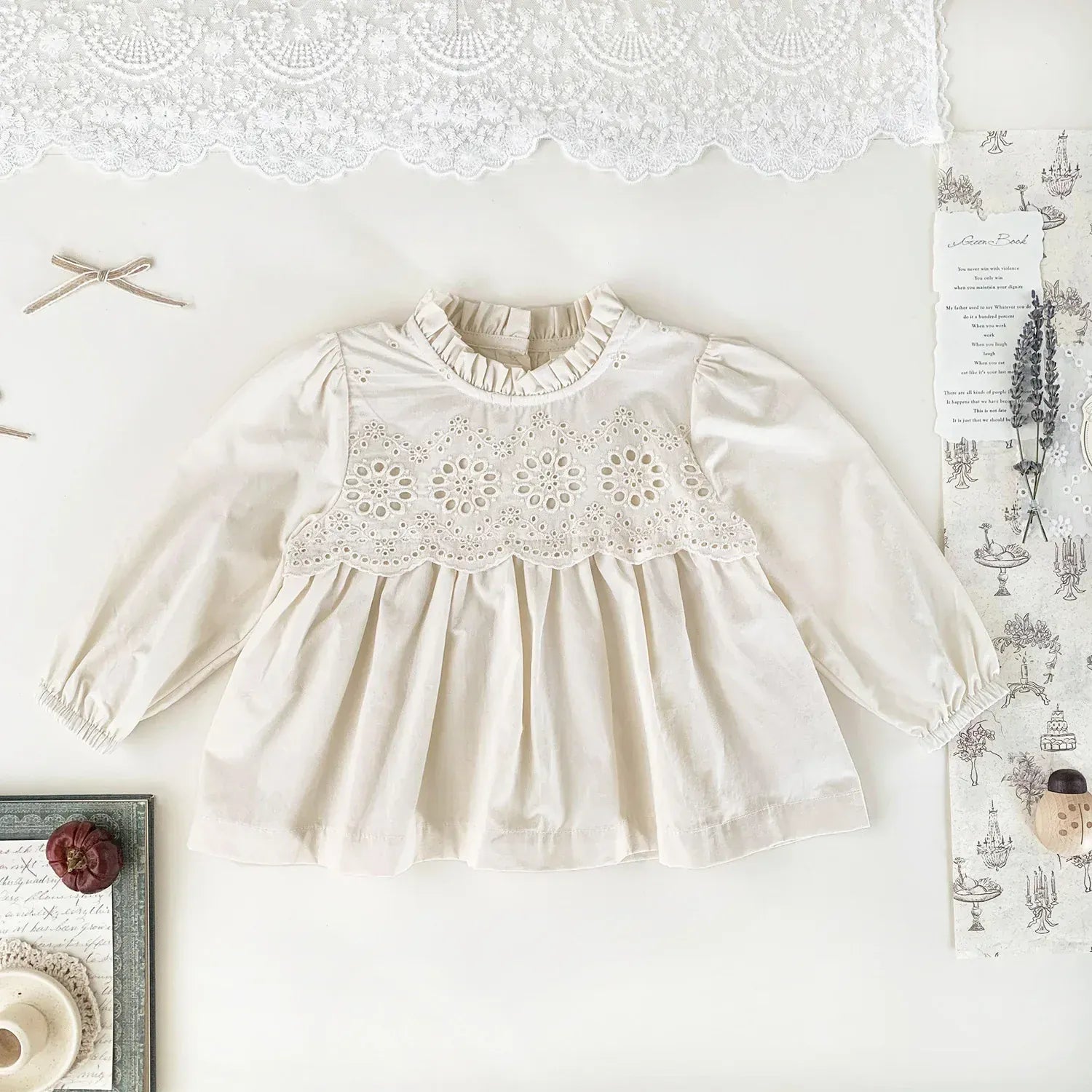 長袖シャツ・ブラウス ベビーキッズトップス スカラップレース刺繍スタンドフリルカラー長袖チュニックブラウス【mh0008922】