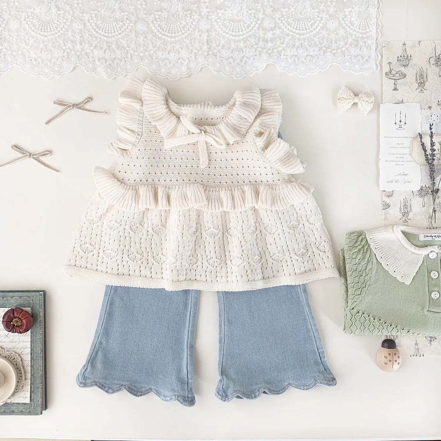 ベスト ベビーキッズベスト ラッフルフリルリボンニットベスト【mh0008925】