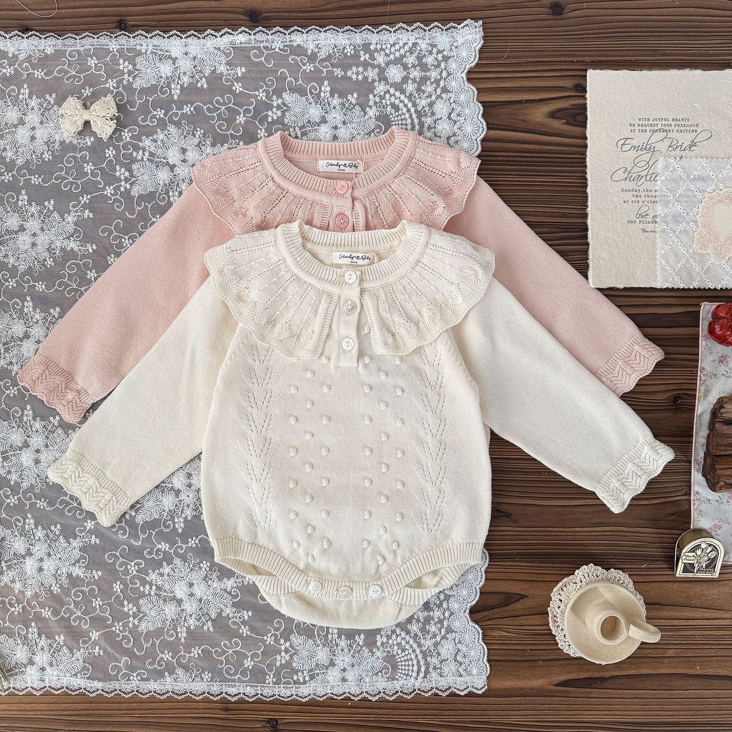 長袖ロンパース ベビーロンパース ラッフル襟レースニット長袖ボディスーツ【mh0009113】