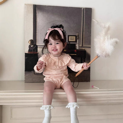 長袖ロンパース ベビーロンパース ラッフル襟レースニット長袖ボディスーツ【mh0009113】