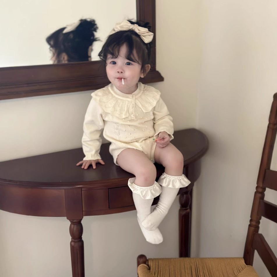 長袖ロンパース ベビーロンパース ラッフル襟レースニット長袖ボディスーツ【mh0009113】