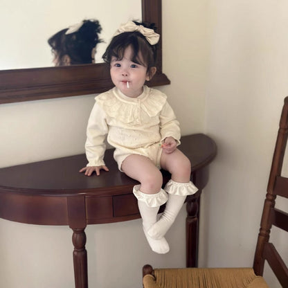 長袖ロンパース ベビーロンパース ラッフル襟レースニット長袖ボディスーツ【mh0009113】