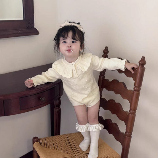 長袖ロンパース ベビーロンパース ラッフル襟レースニット長袖ボディスーツ【mh0009113】