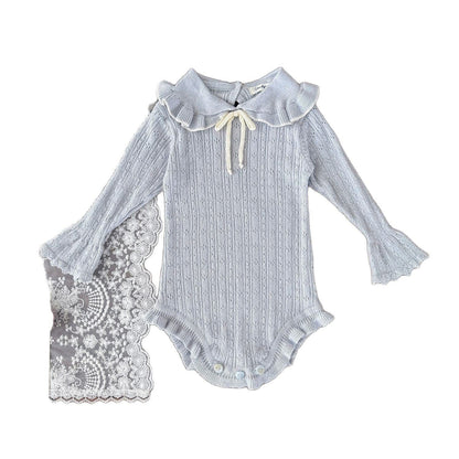 長袖ロンパース ベビーロンパース フリル襟リボンニット長袖ボディスーツ【mh0009114】