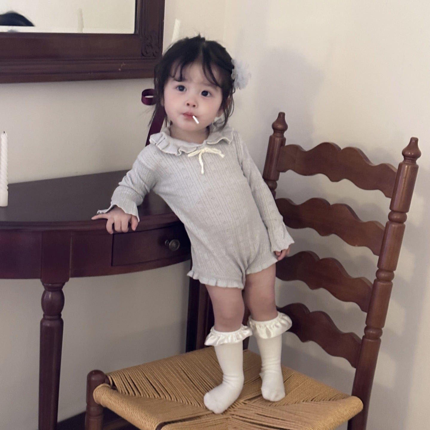 長袖ロンパース ベビーロンパース フリル襟リボンニット長袖ボディスーツ【mh0009114】