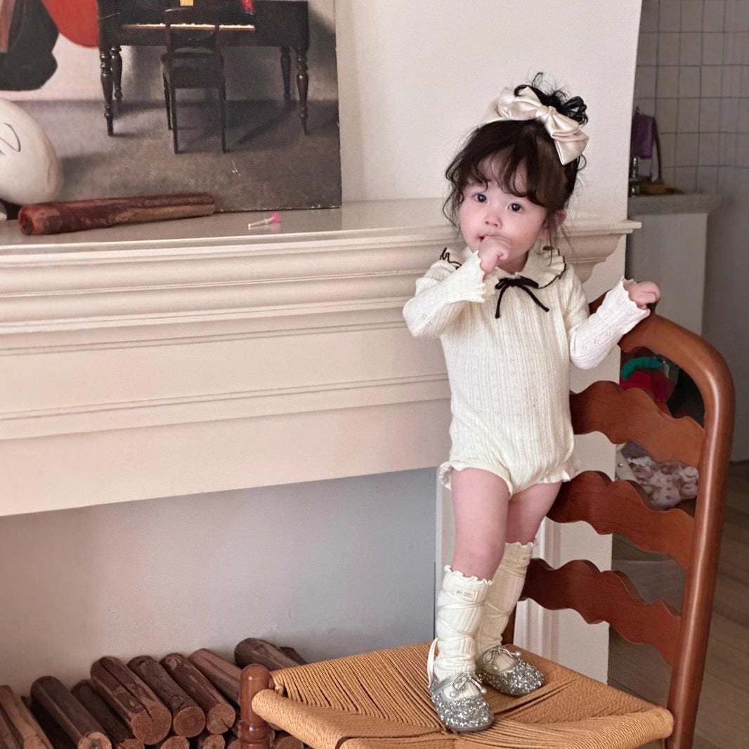 長袖ロンパース ベビーロンパース フリル襟リボンニット長袖ボディスーツ【mh0009114】