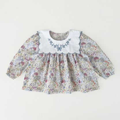 長袖セットアップ ベビーキッズトップス/パンツ フラワープリント長袖チュニックブラウス/裾スカラップフリルロングデニムパンツジーンズ【mh0009119】