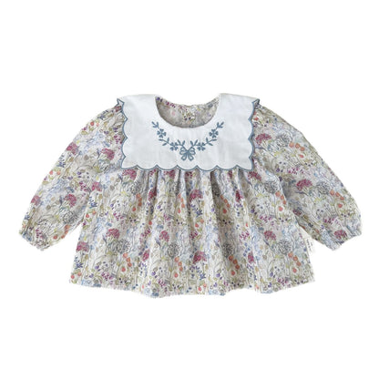 長袖セットアップ ベビーキッズトップス/パンツ フラワープリント長袖チュニックブラウス/裾スカラップフリルロングデニムパンツジーンズ【mh0009119】