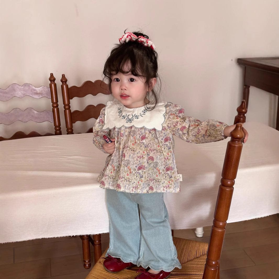 長袖セットアップ ベビーキッズトップス/パンツ フラワープリント長袖チュニックブラウス/裾スカラップフリルロングデニムパンツジーンズ【mh0009119】