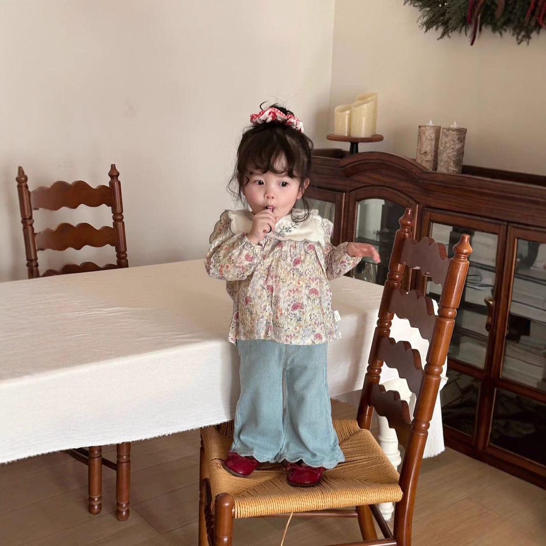 長袖セットアップ ベビーキッズトップス/パンツ フラワープリント長袖チュニックブラウス/裾スカラップフリルロングデニムパンツジーンズ【mh0009119】