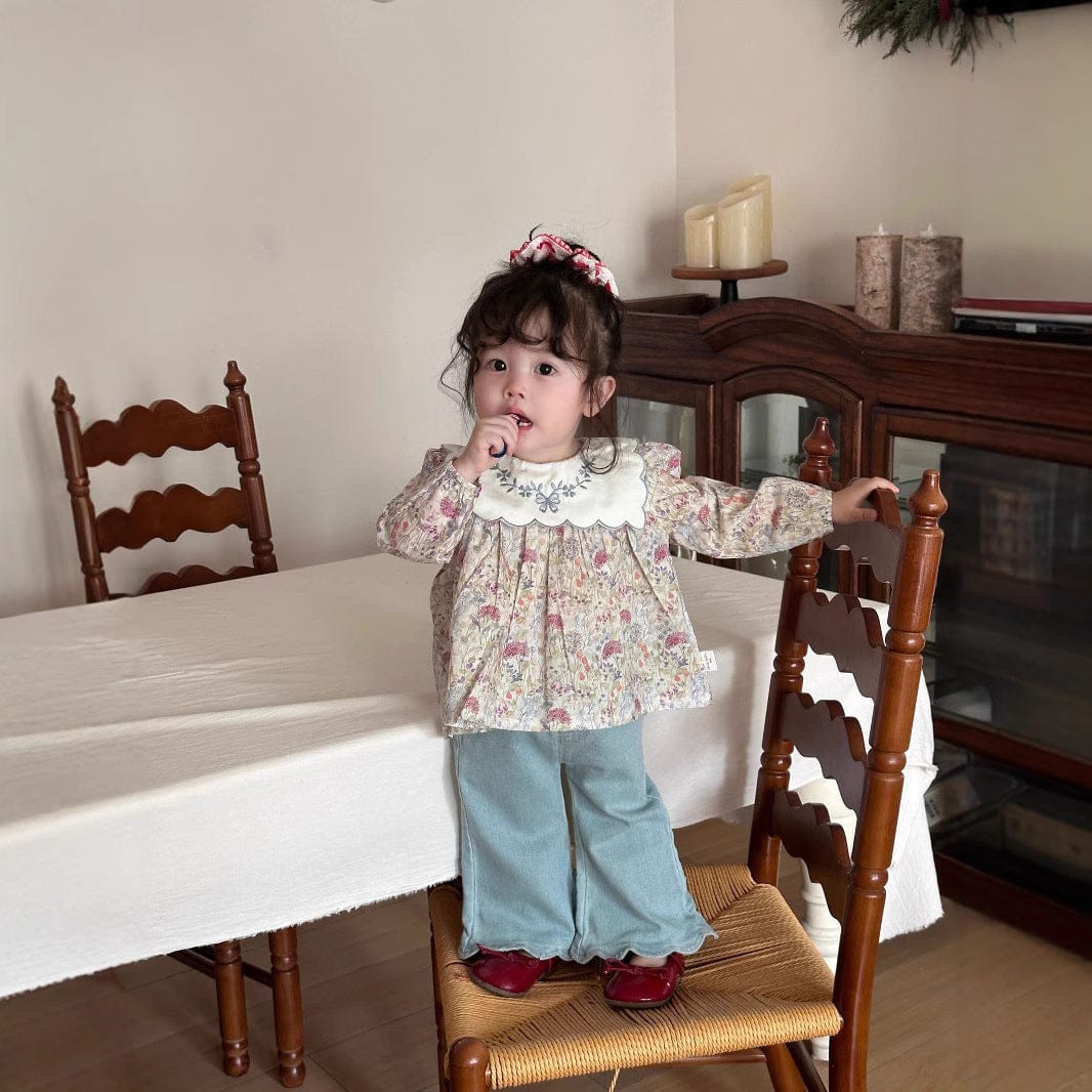 長袖セットアップ ベビーキッズトップス/パンツ フラワープリント長袖チュニックブラウス/裾スカラップフリルロングデニムパンツジーンズ【mh0009119】