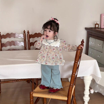 長袖セットアップ ベビーキッズトップス/パンツ フラワープリント長袖チュニックブラウス/裾スカラップフリルロングデニムパンツジーンズ【mh0009119】