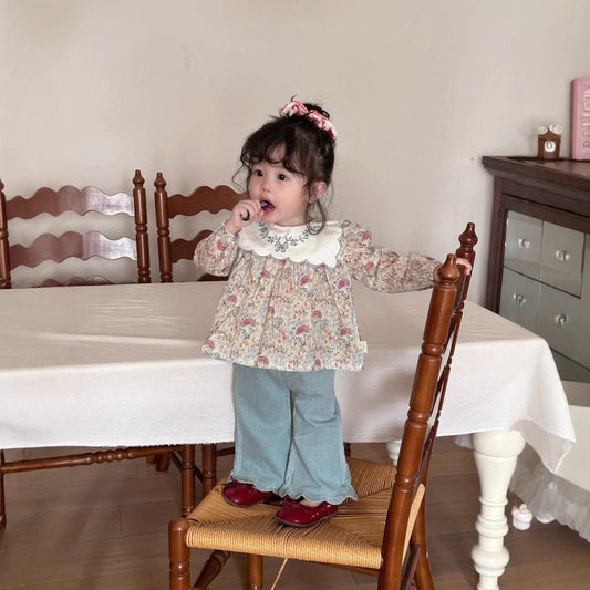 長袖セットアップ ベビーキッズトップス/パンツ フラワープリント長袖チュニックブラウス/裾スカラップフリルロングデニムパンツジーンズ【mh0009119】