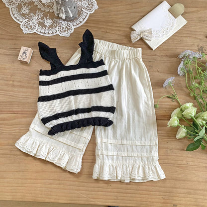 ロングパンツ・スウェットパンツ ベビーキッズパンツ フラワープリントレースフリルワイドルーズイージーパンツ【mh0009121】