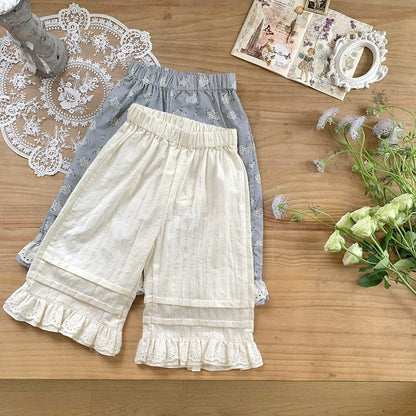 ロングパンツ・スウェットパンツ ベビーキッズパンツ フラワープリントレースフリルワイドルーズイージーパンツ【mh0009121】