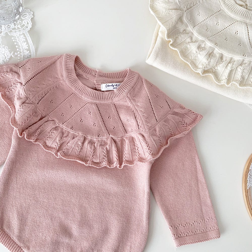 長袖ロンパース ベビーロンパース フリルショール襟ニット長袖ボディスーツ【mh0009122】